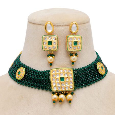 Gold Kundan Chokar Necklace Set with Earings in Green colour Stone and Pearl