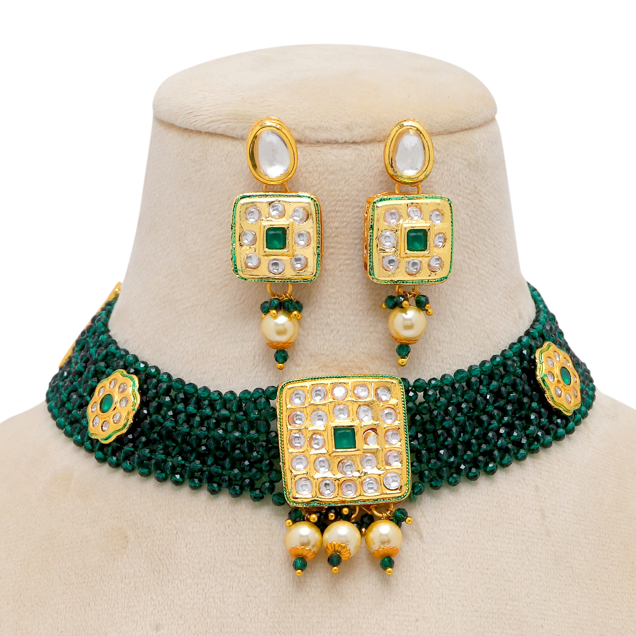 Gold Kundan Chokar Necklace Set with Earings in Green colour Stone and Pearl