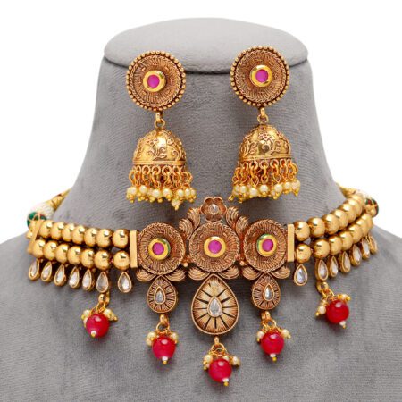 Gold Kundan  Chokar Necklace Set with Zhumki