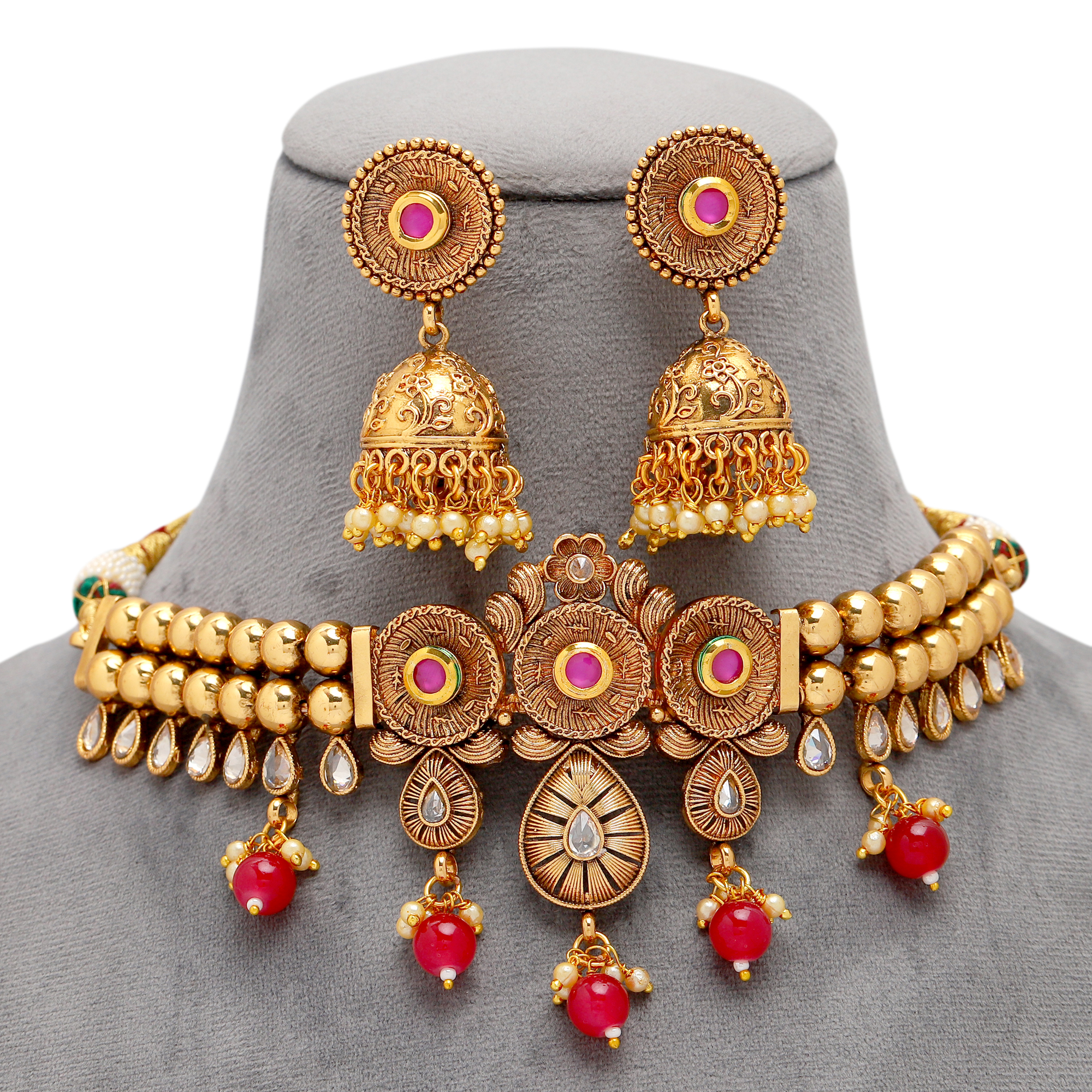Gold Kundan  Chokar Necklace Set with Zhumki