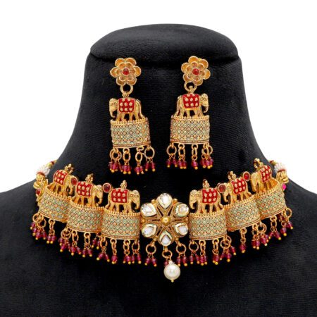 Gold Elephant design Chokar Necklace Set with Earing with Ruby and Meenakari
