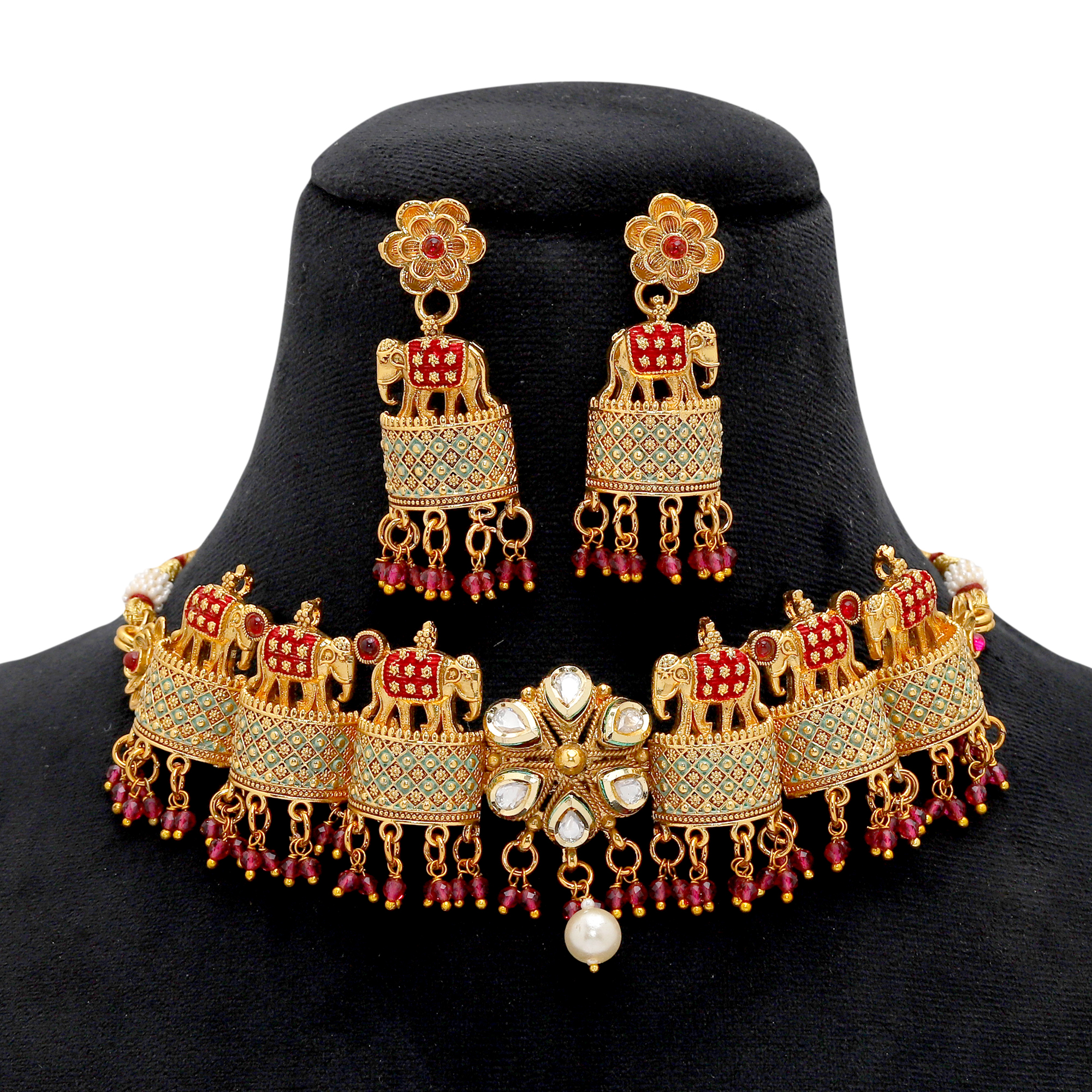 Gold Elephant design Chokar Necklace Set with Earing with Ruby and Meenakari