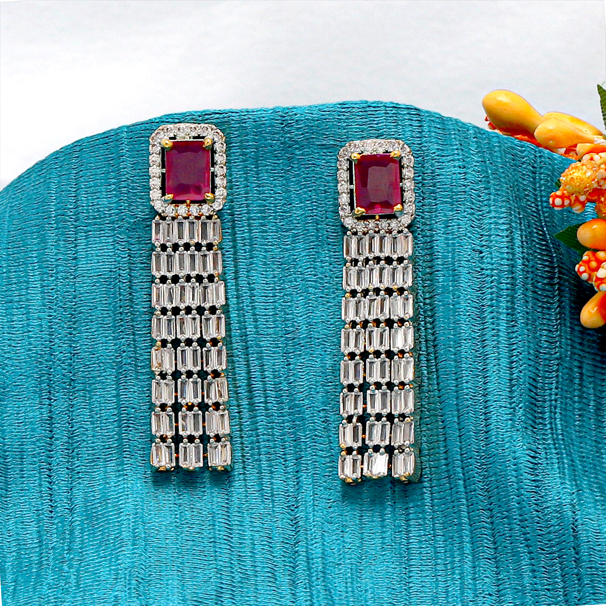 Rani color Red Dangle Earring in American Diamond