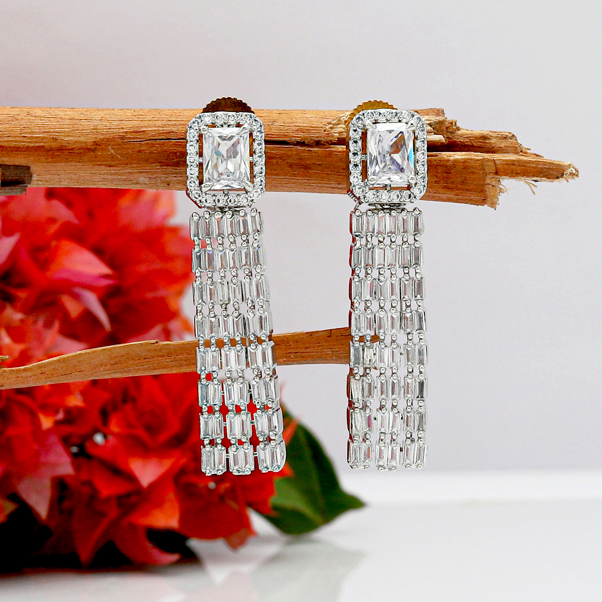 White color Dangle Earring in American Diamond