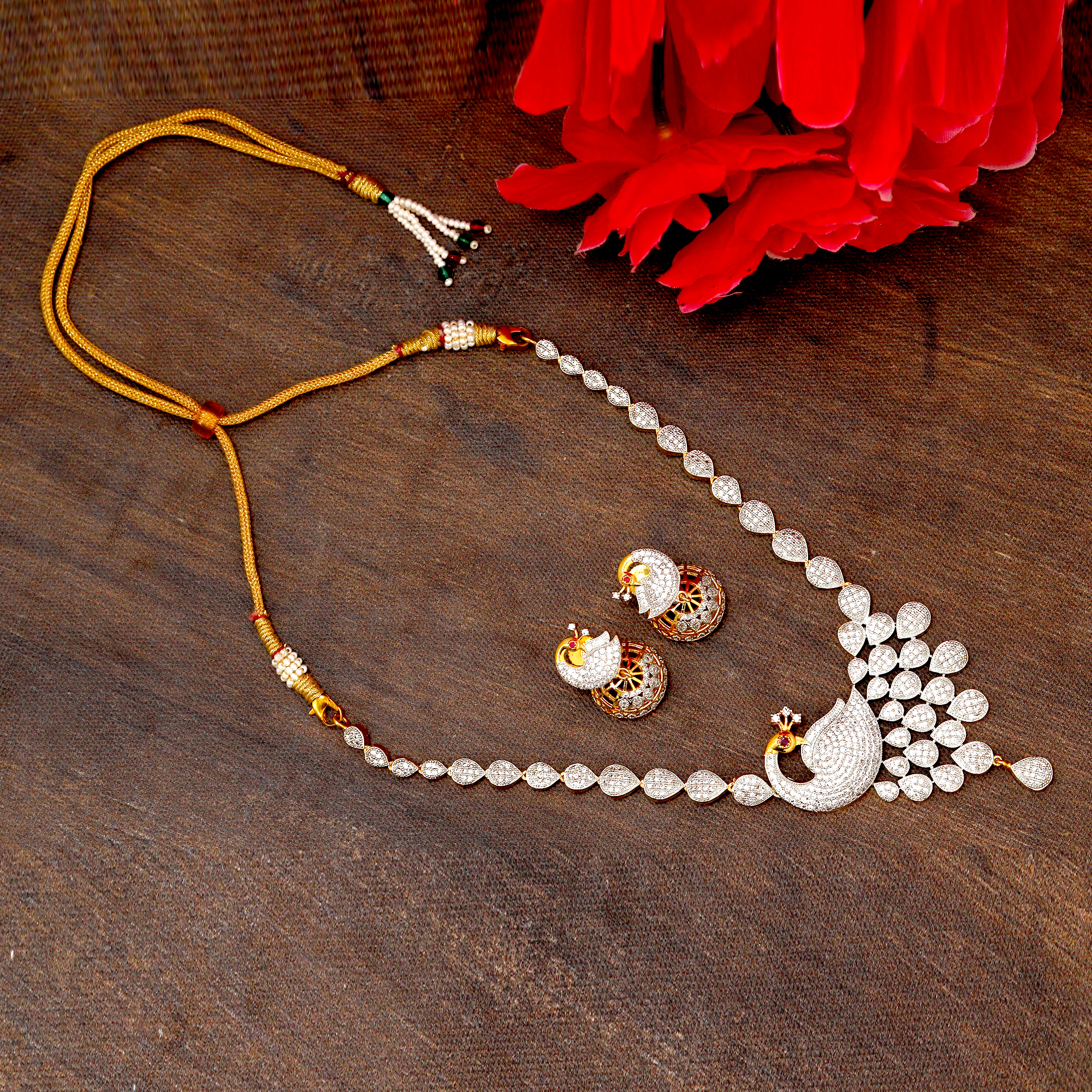 Peacock Mayur design Necklace set with Zumki in Gold look
