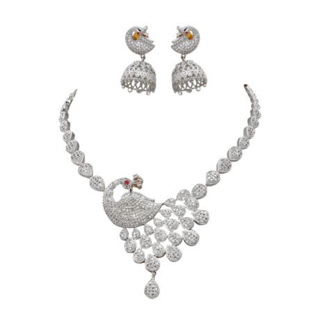 Peacock Mayur design Necklace set with Zumki in Silver look