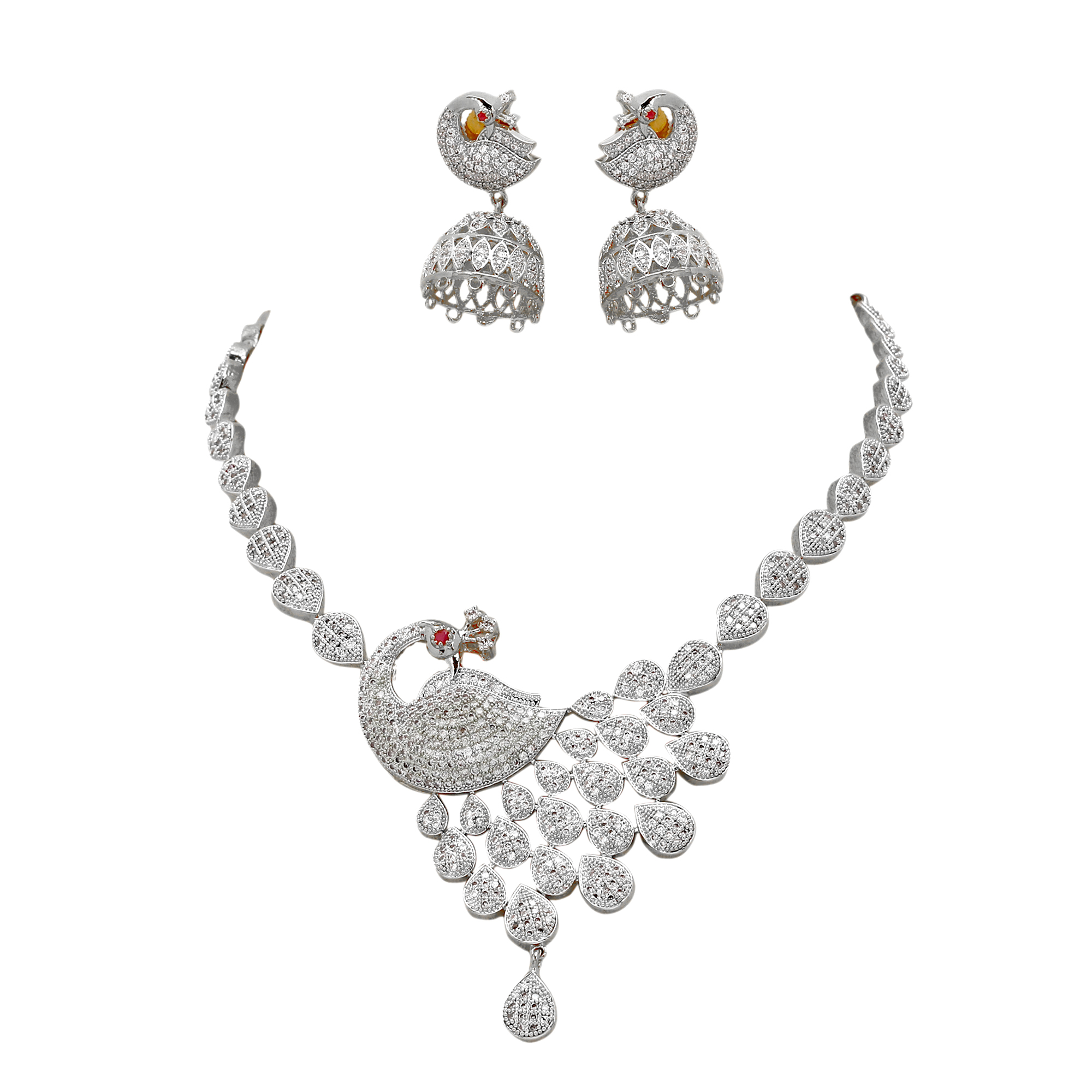 Peacock Mayur design Necklace set with Zumki in Silver look