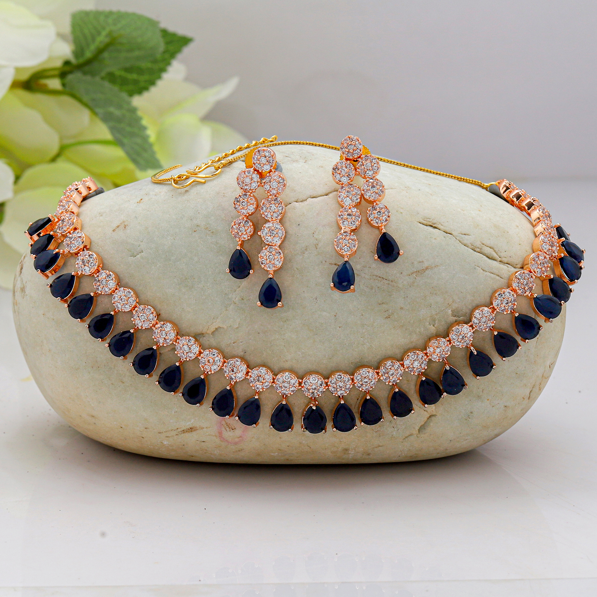 Black color Chokar Necklace set with Dangle Earring set in American Diamond