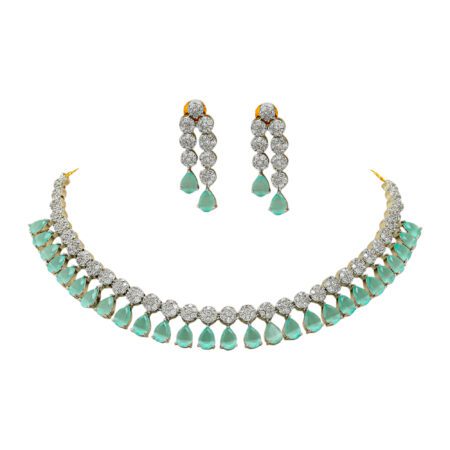 Green color Chokar Necklace set with Dangle Earring set in American Diamond