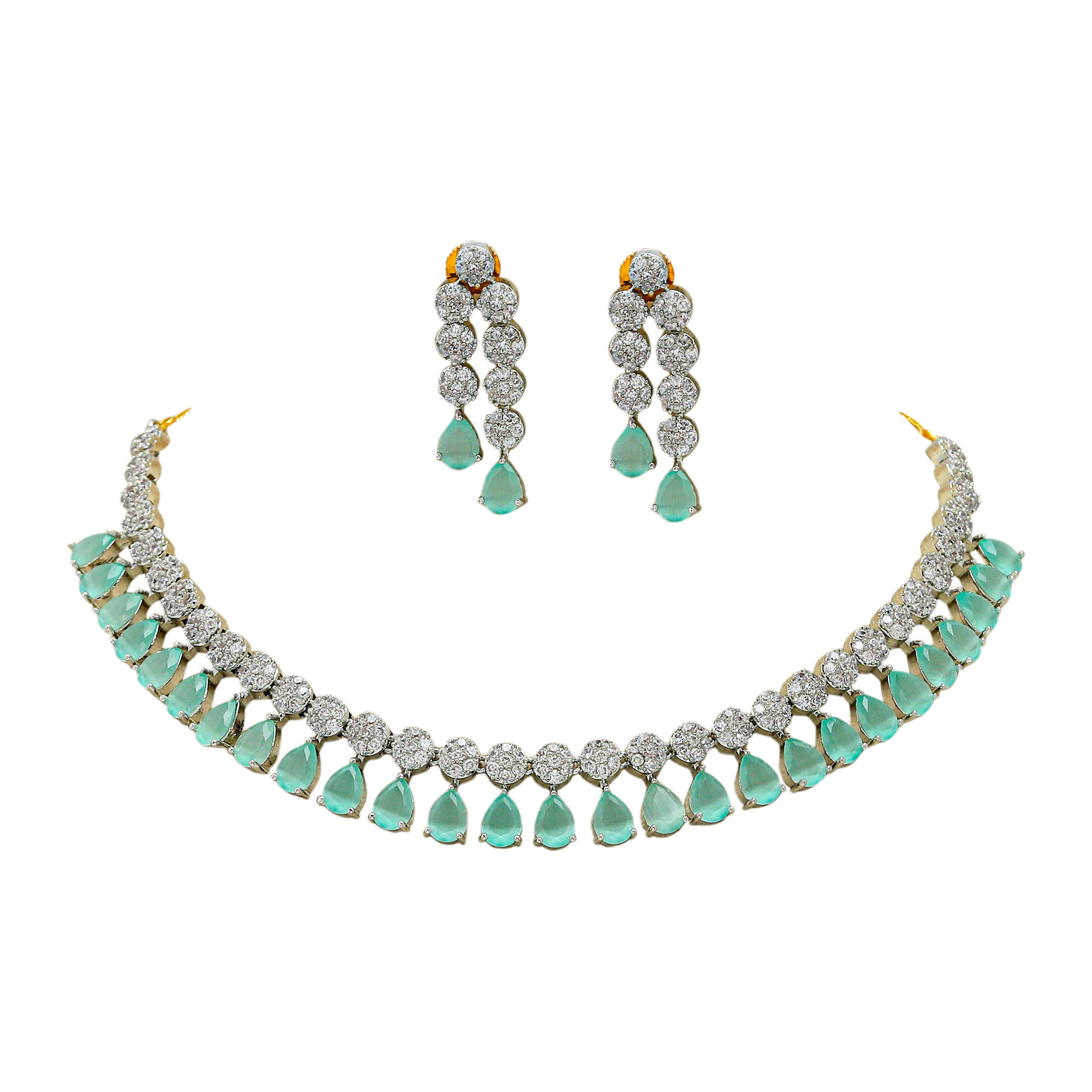 Green color Chokar Necklace set with Dangle Earring set in American Diamond