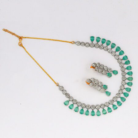 Green Chokar Necklace set with Dangle Earring set in American Diamond