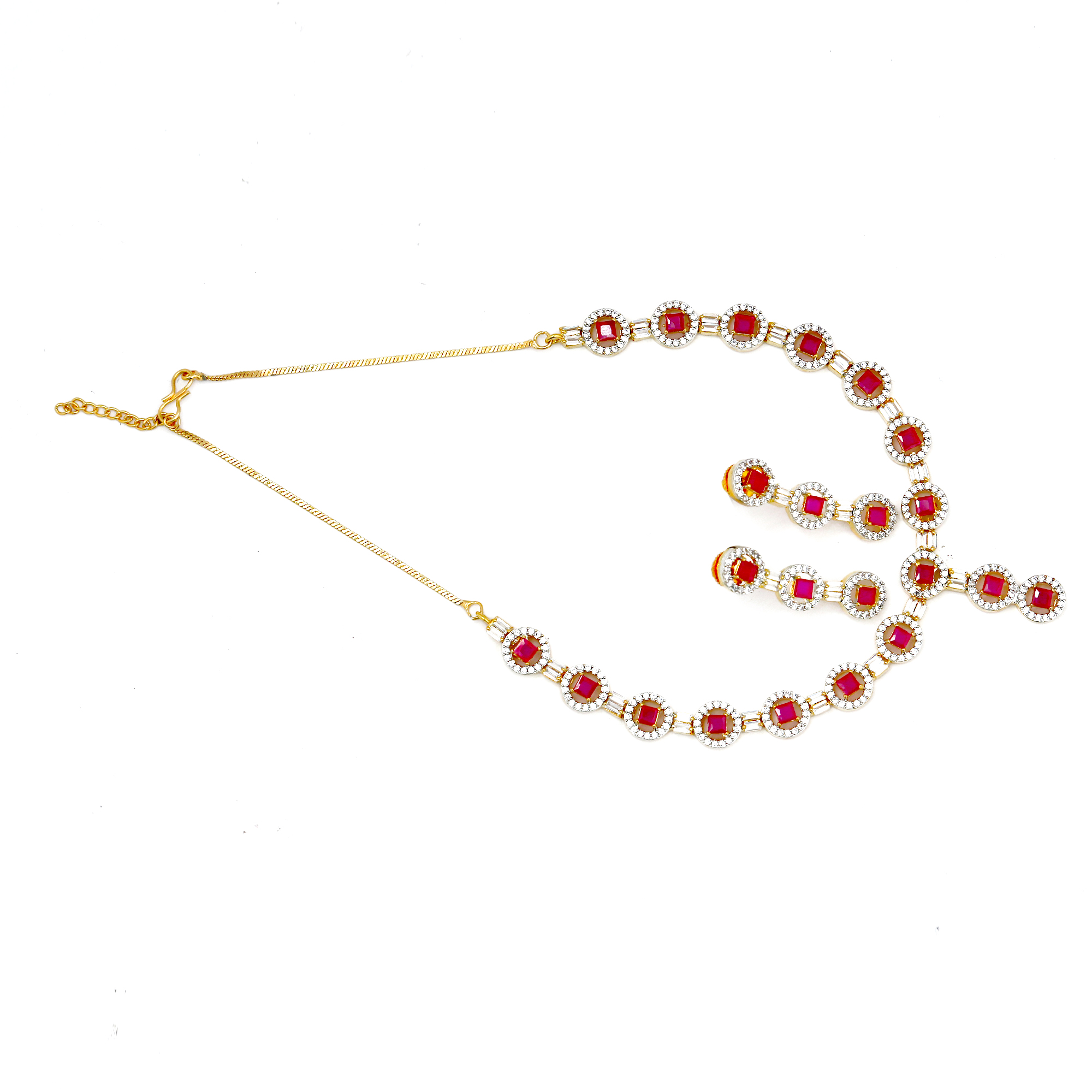Red & White color Chokar Necklace set with Dangle Earring set in American Diamond