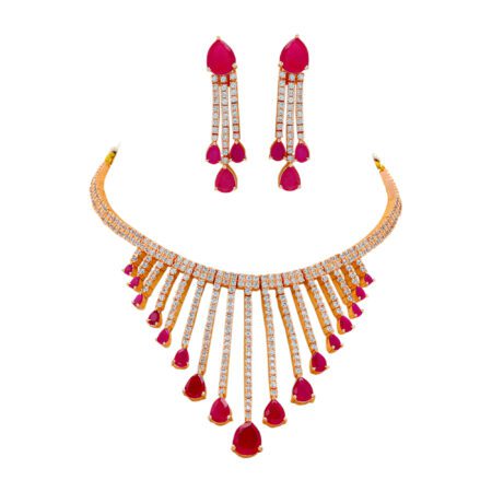 Rani & White color Chokar Necklace set with Dangle Earring set in American Diamond