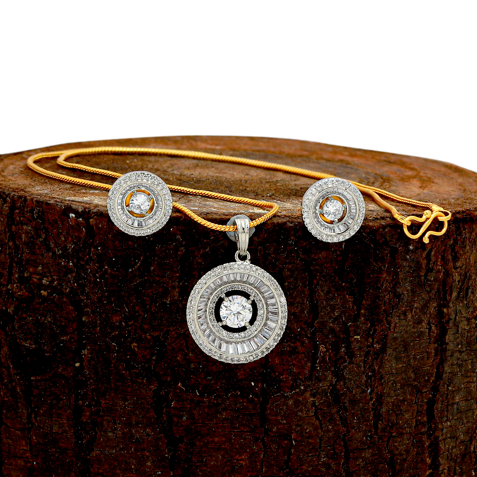 White color Pendent set with Stud Earring set in American Diamond