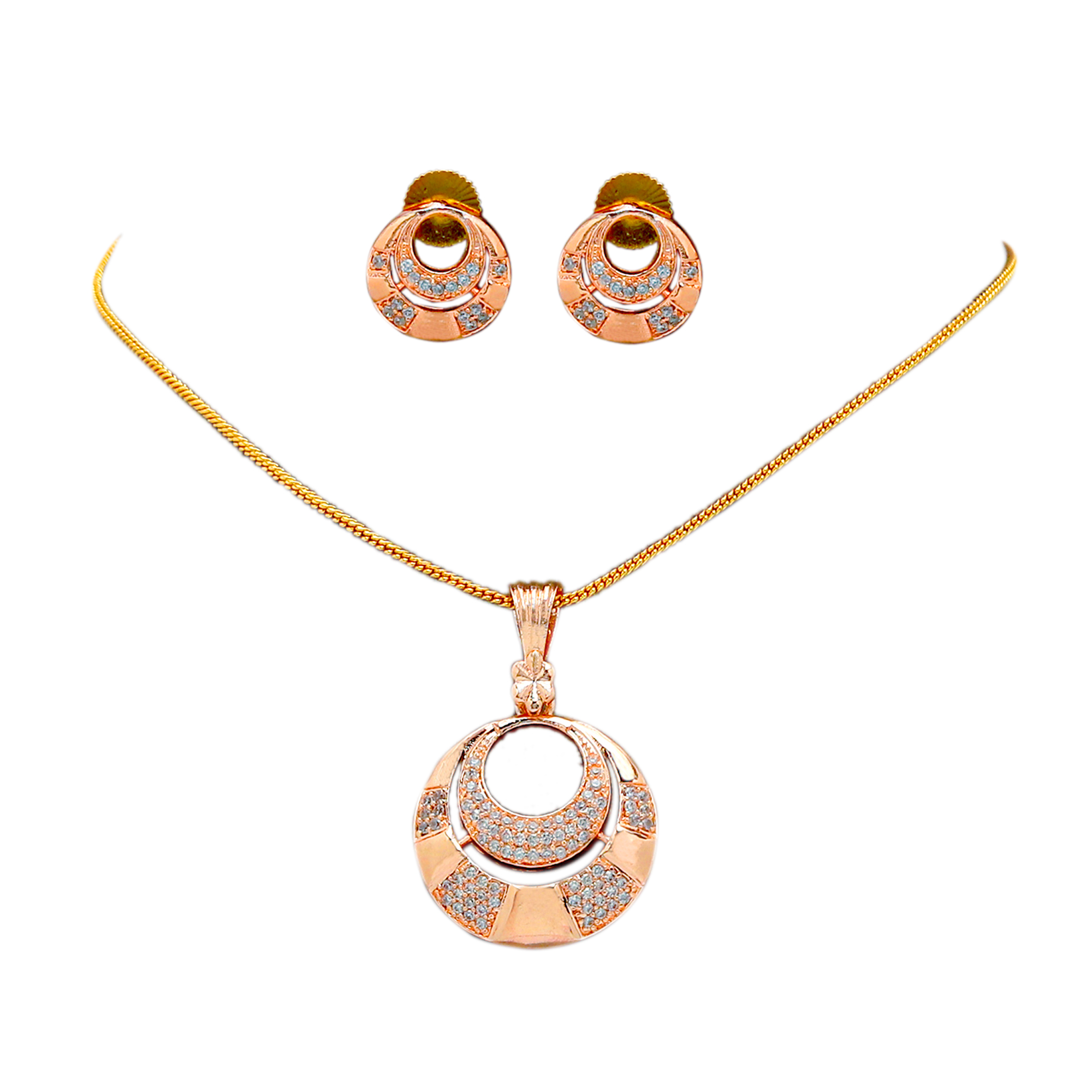 Rose Gold color Pendent set with Stud Earring set in American Diamond