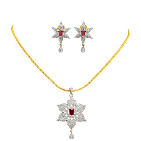 Flower Design Pendent set with Stud Earring set in American Diamond