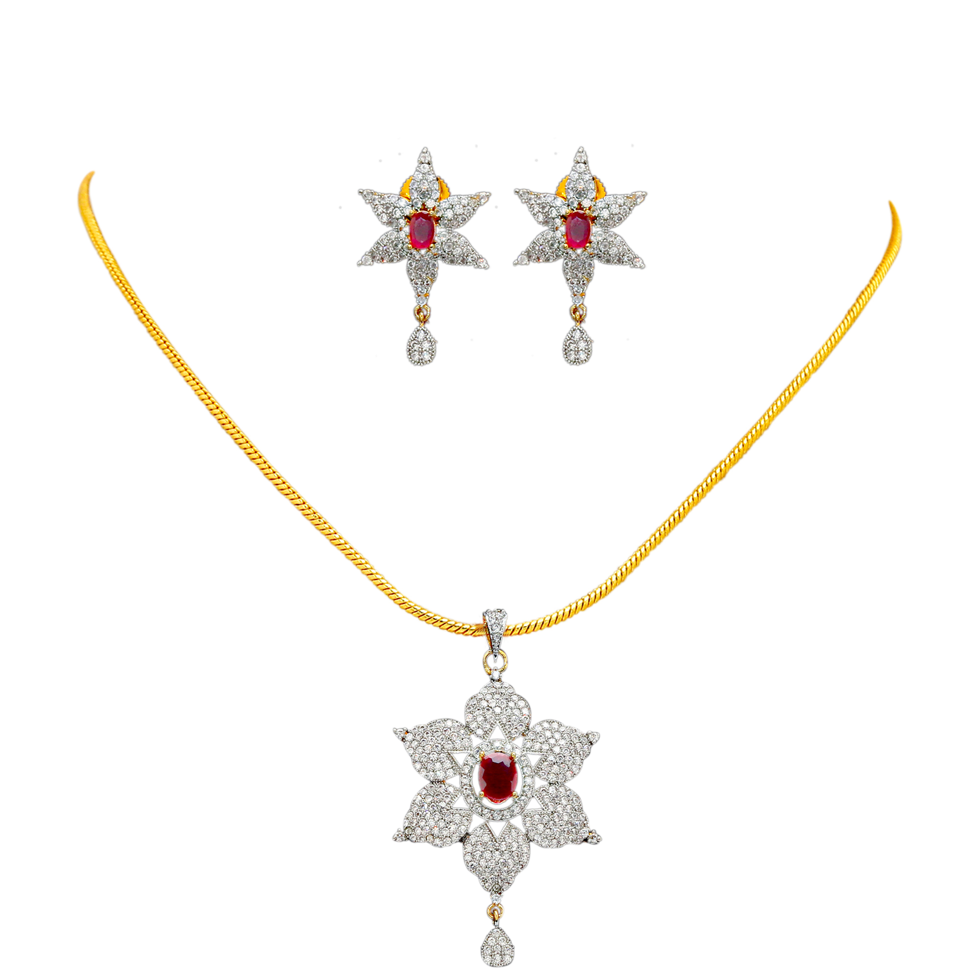 Flower Design Pendent set with Stud Earring set in American Diamond