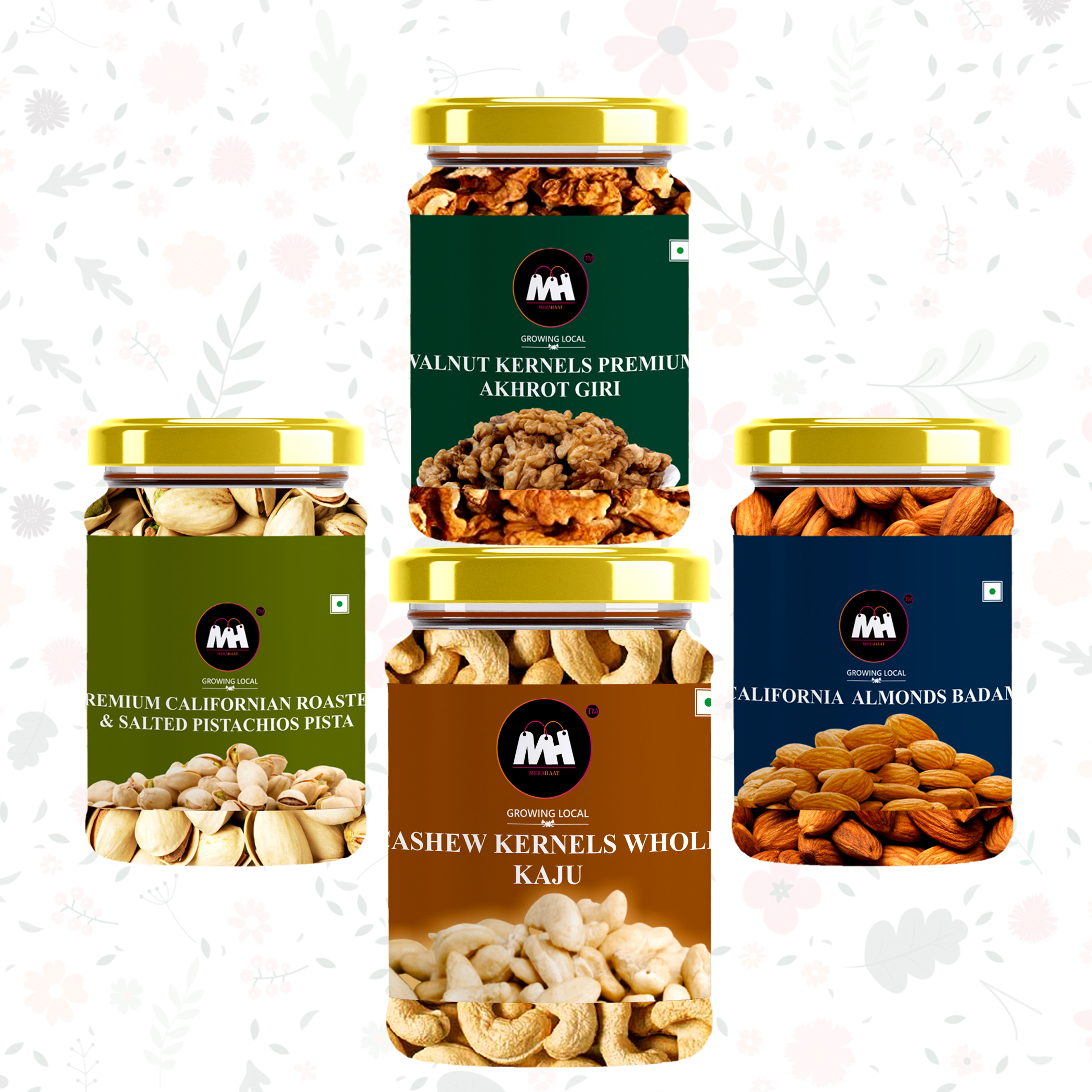 Dry Fruit Combo Pack- 1.9kgs Pack Of 4 
(500gms*3+400gms) (Cashu Nuts California Almond Rosted and Salted Pistachu &Chilli Wallnut Akhrot Giri)
