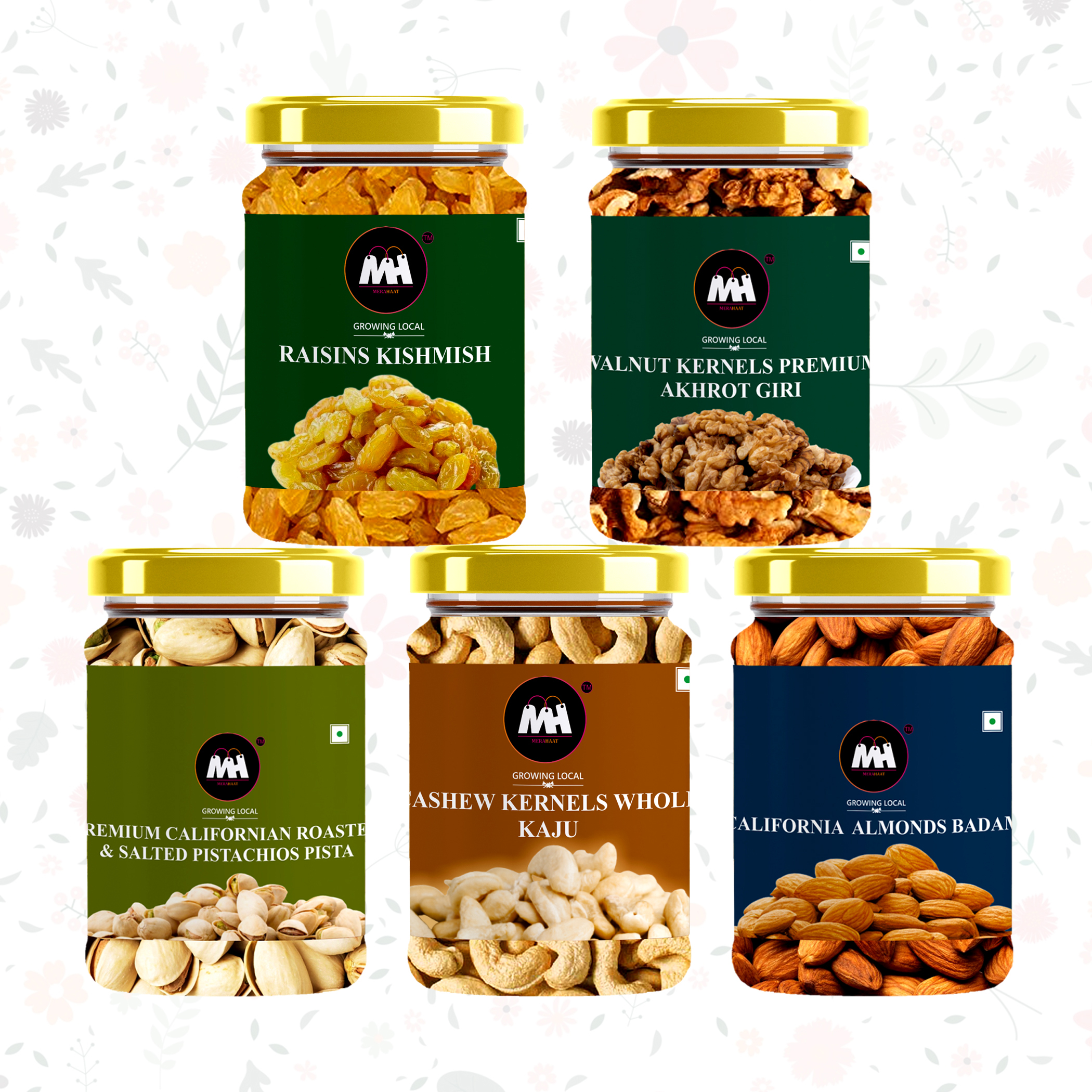 Dry Fruit Combo Pack- 2.4 Kgs Pack Of 5 
(500gms*4+400gms) (Cashu Nuts California Almond Rosted and Salted Pistachu Kishmish Yellow Risin & Chilli Wallnut Akhrot Giri)