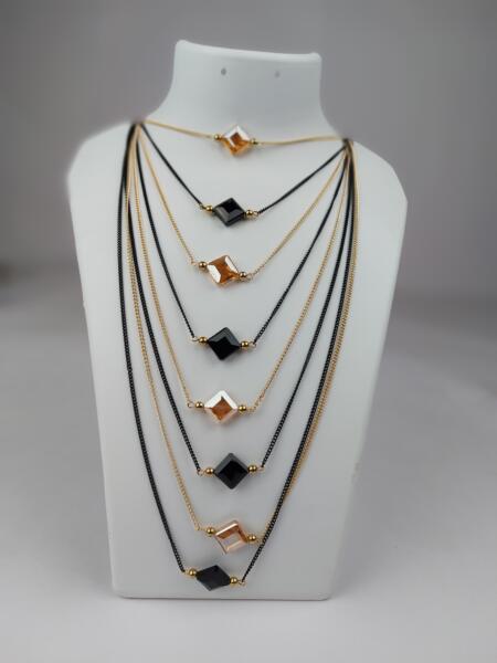 Fashionable Multi String Golden And Black Long Metal Chain Mala