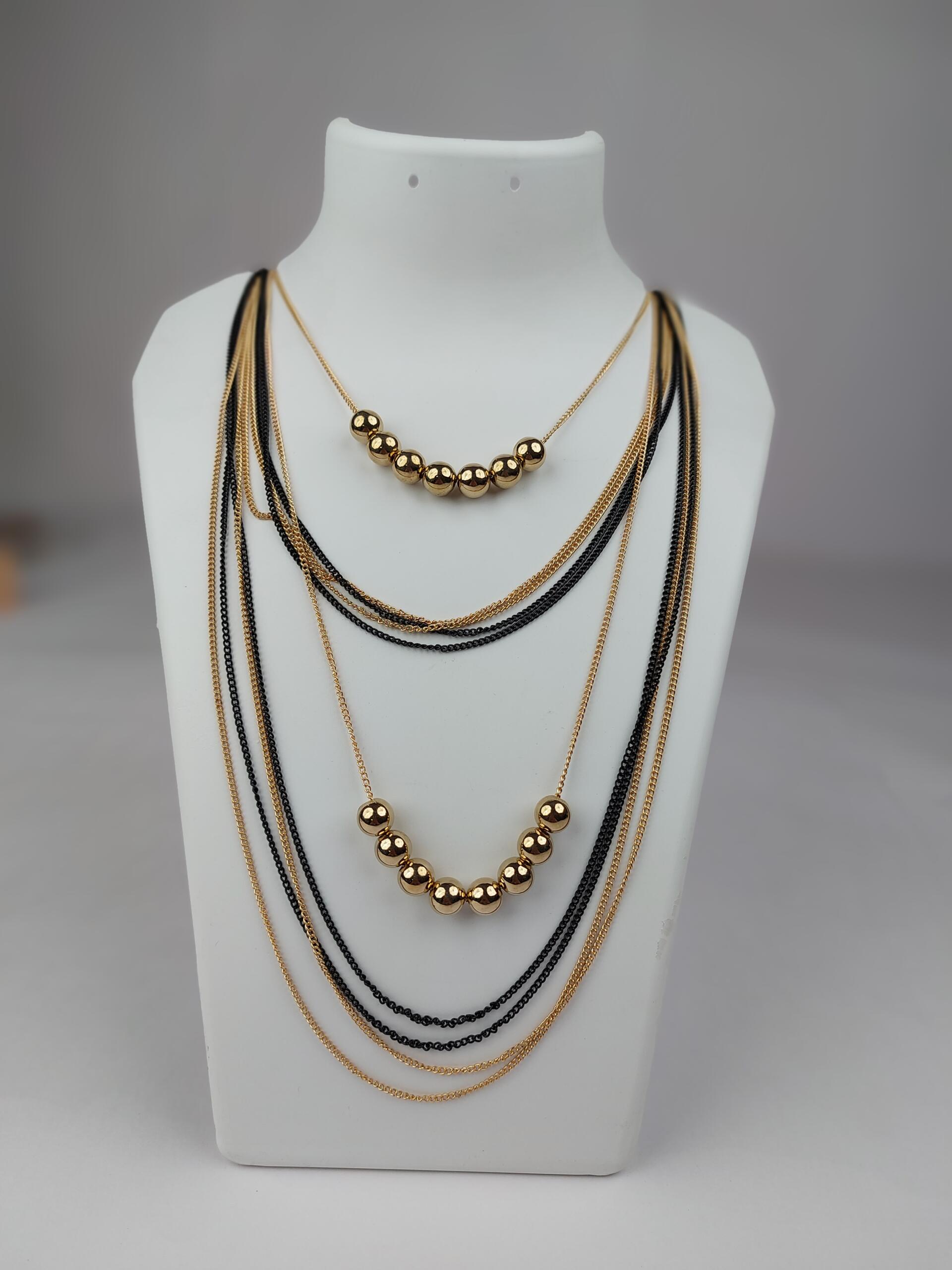 Fashionable Multi String Black And Golden Beads Long Metal Chain Mala