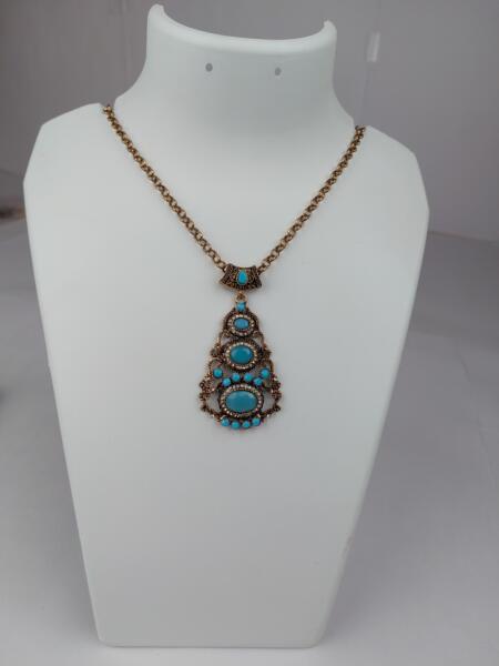 Sky Blue Stone Pendent With Oxidize Metal Long Chain Mala