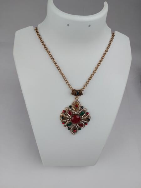 Multi Colored Stone Flower Shape Pendent With Oxidide Metal Long Chain Mala