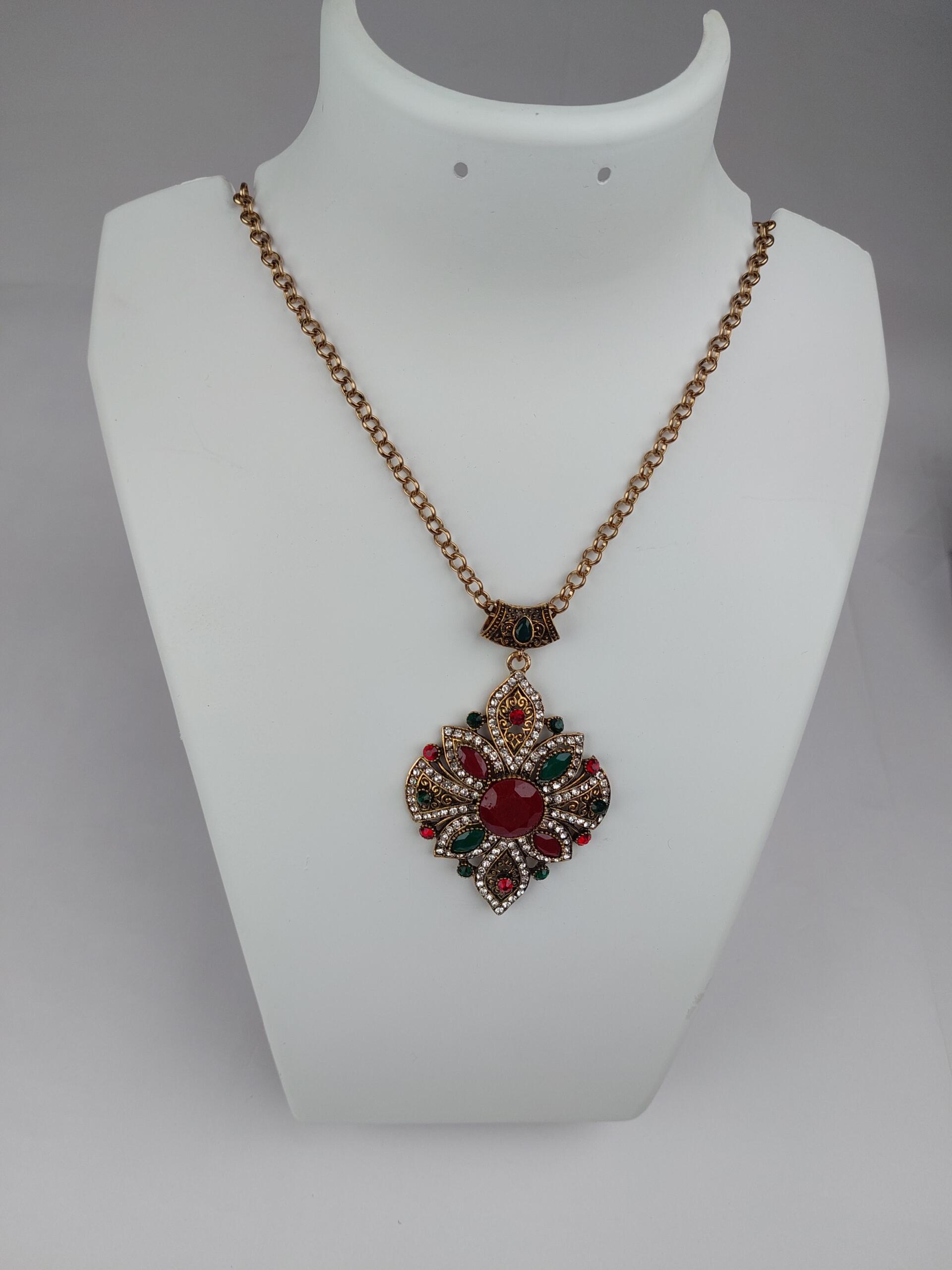 Multi Colored Stone Flower Shape Pendent With Oxidide Metal Long Chain Mala