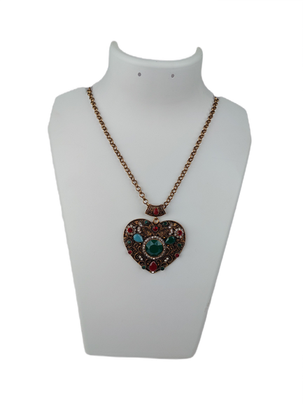 Multi Colored Stone Heart Shape Pendent With Oxidize Metal Long Chain Mala