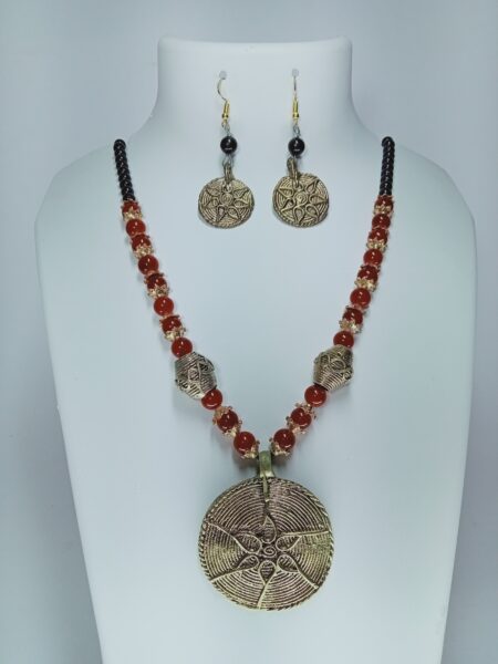 Handcrafted Dokra Round Shape Pendent And Earing Set With Beeds For Girls And Women