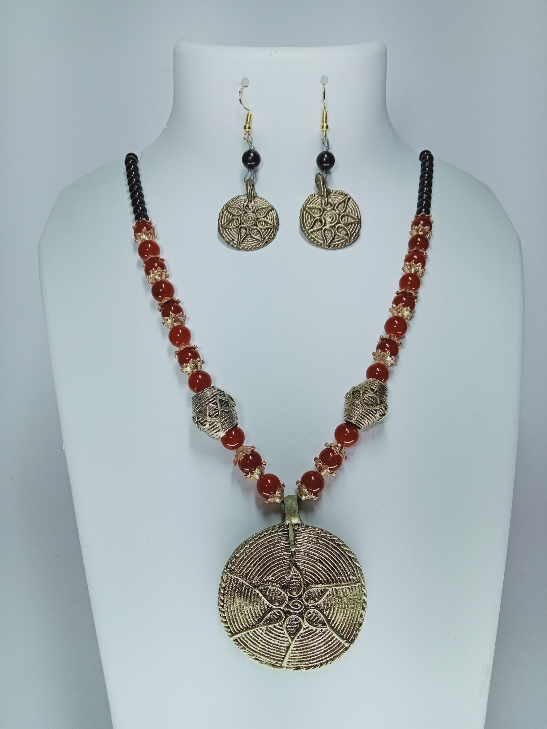 Handcrafted Dokra Round Shape Pendent And Earing Set With Beeds For Girls And Women