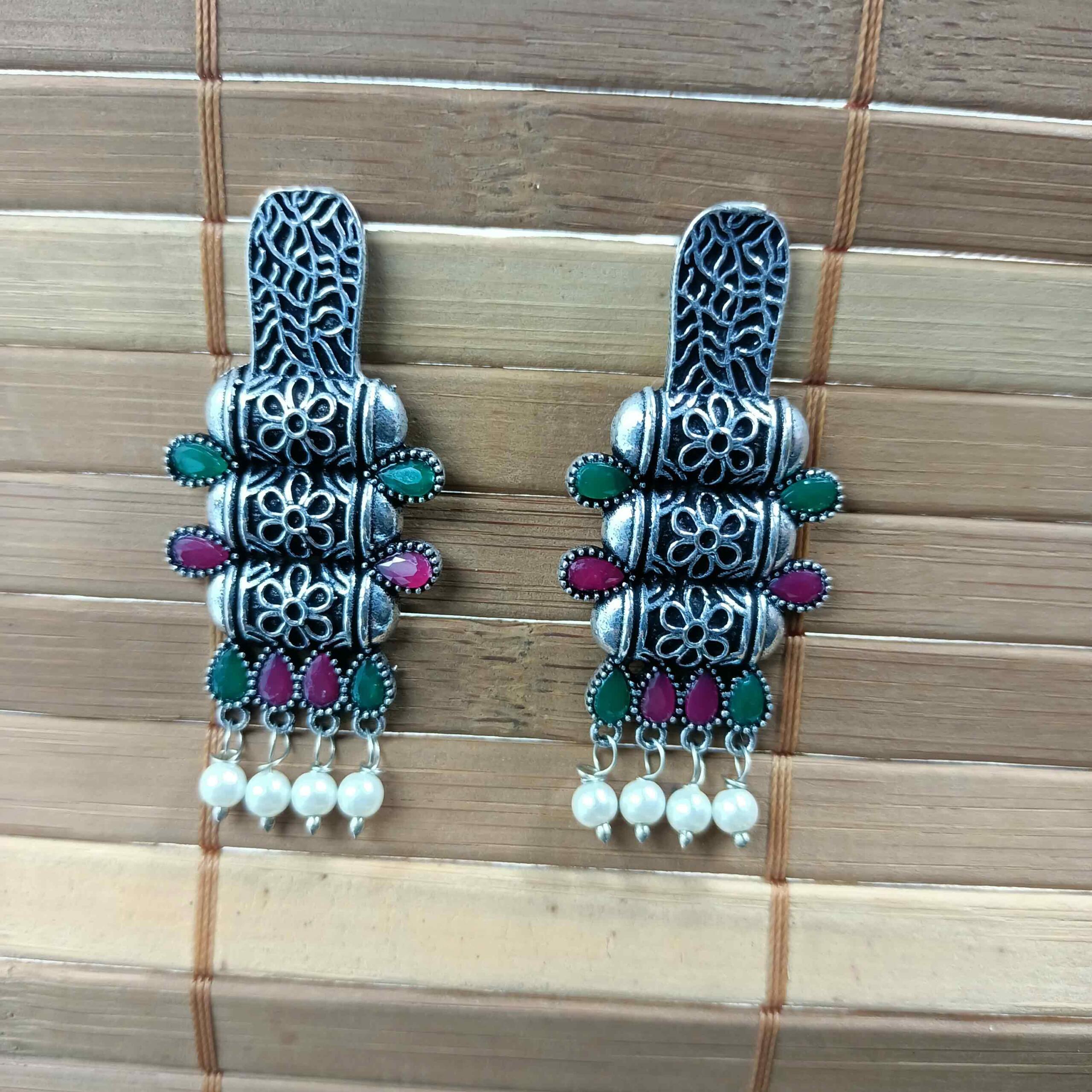 Oxidised German Silver  Multicolor Trible Dangle Earrings with Pearl
