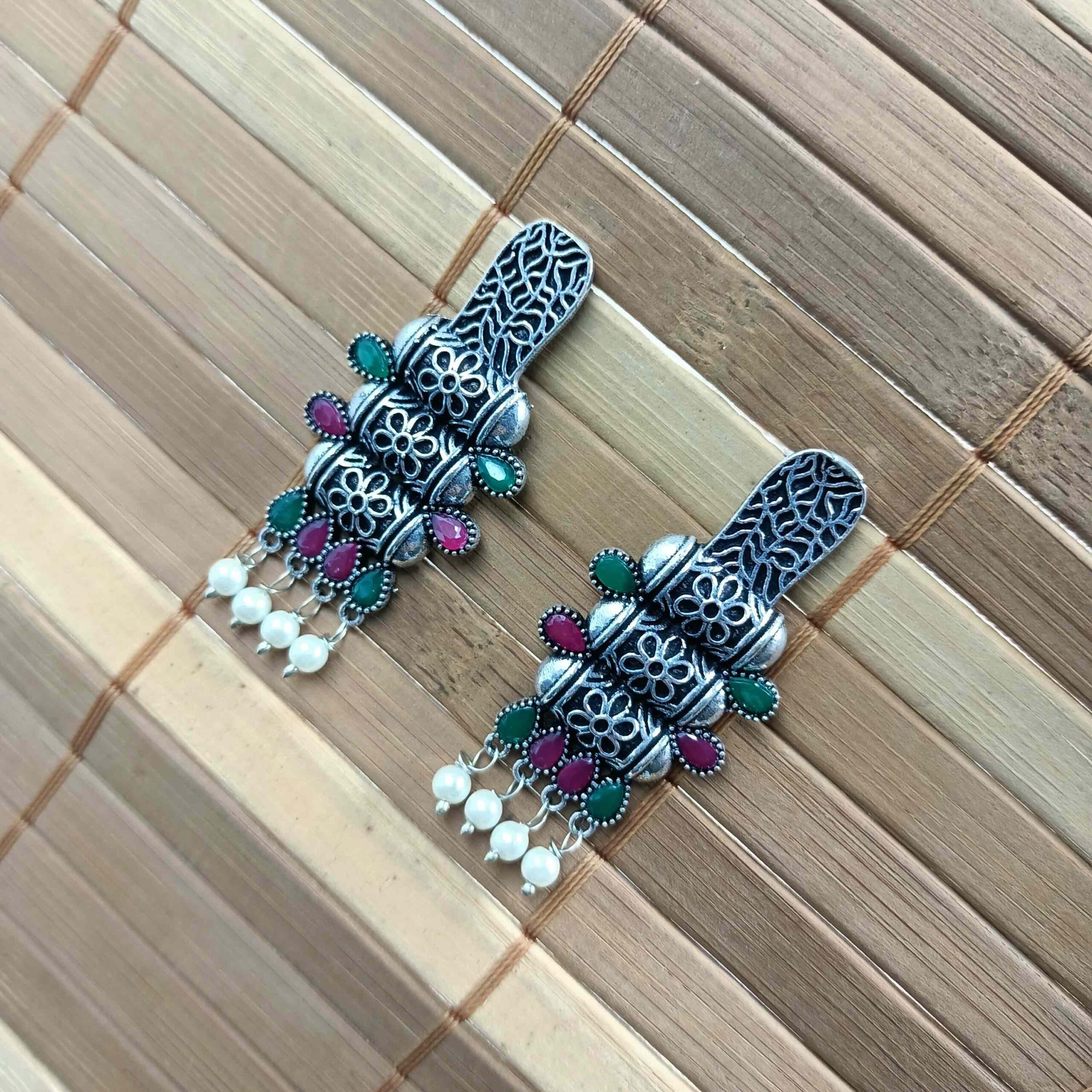 Oxidised German Silver Tuequoise Blue Trible Dangle Earrings with Pearl