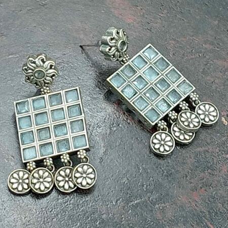 Trible Oxidised Dule Tone Blue Dangle Earrings with Stone