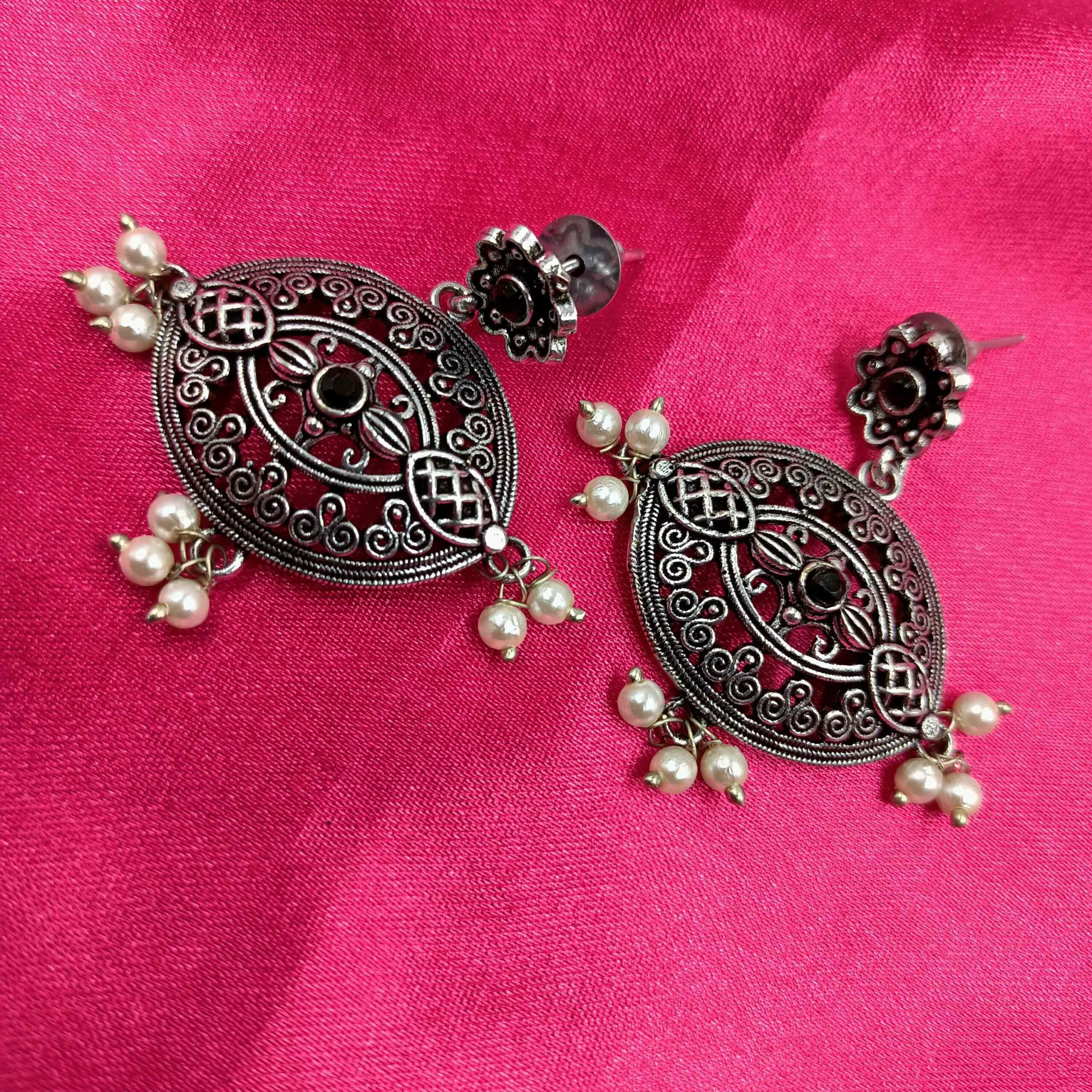 Oxidised Silver Black  Chandlier Earrings with Pearl