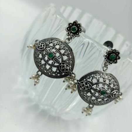 Oxidised Silver Green  Chandlier Earrings with Pearl