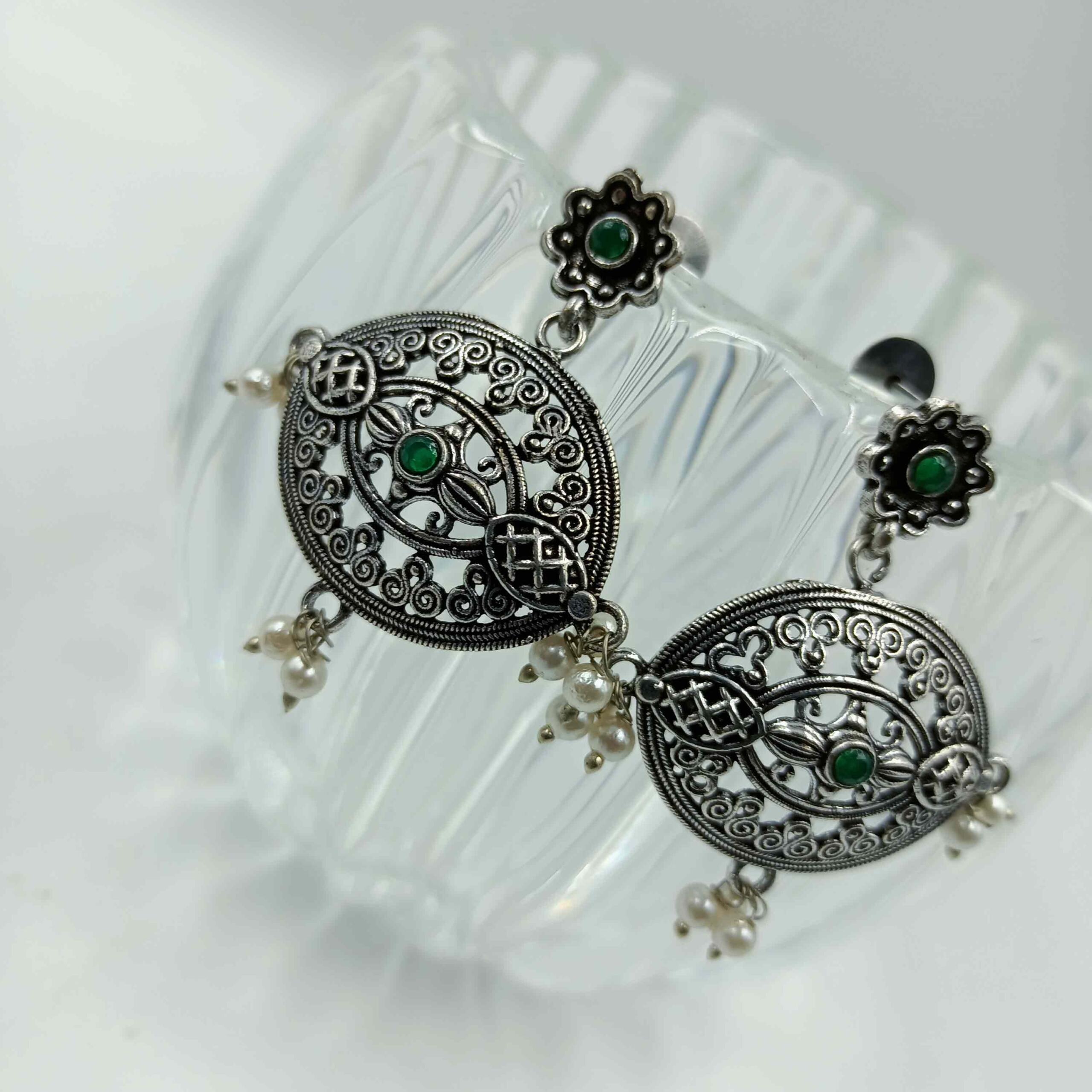 Oxidised Silver Green  Chandlier Earrings with Pearl