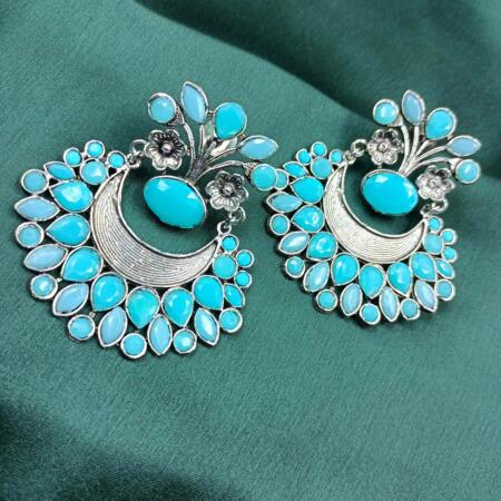 Silver Tone Turquoise Blue Stone Chandlier Stud Earrings