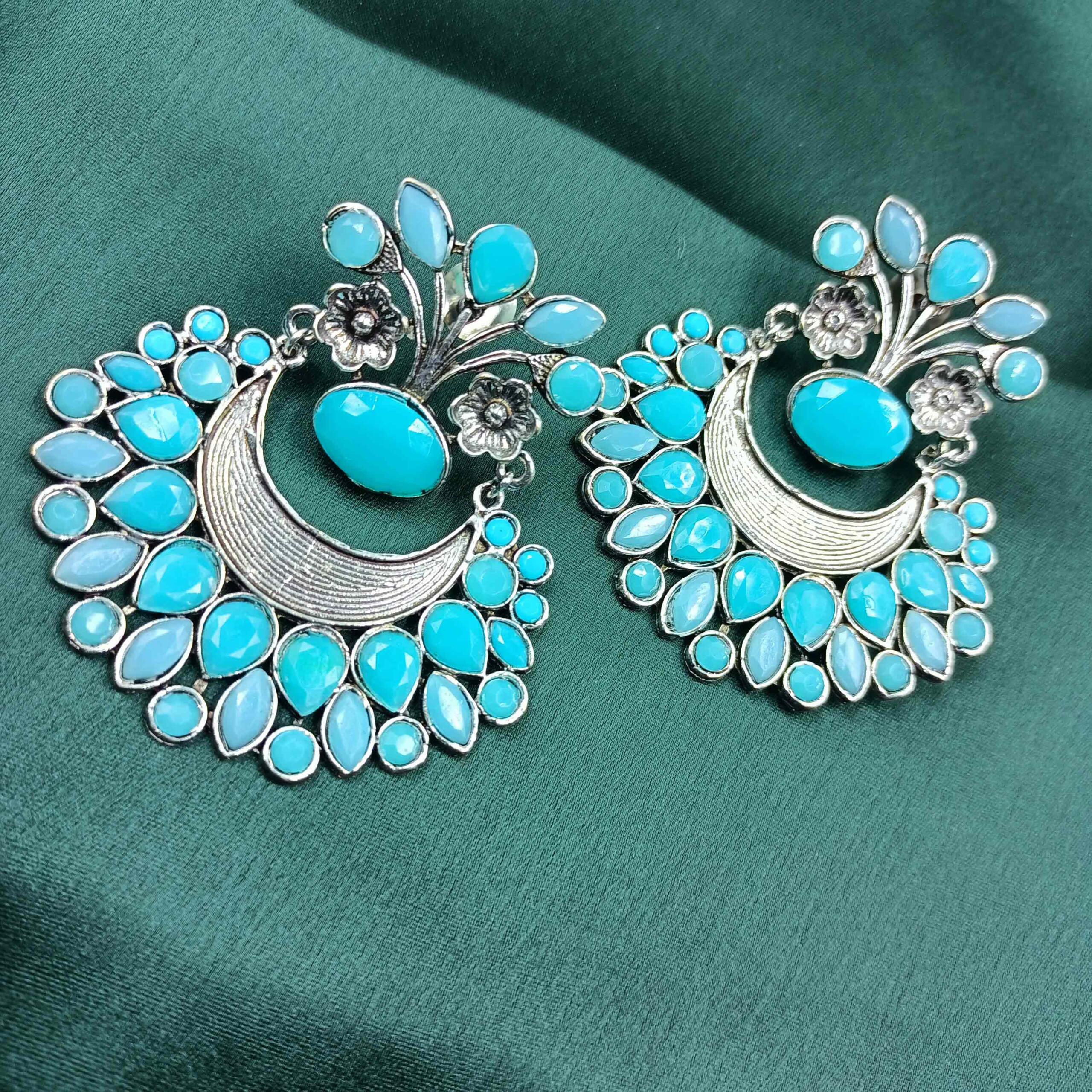 Silver Tone Turquoise Blue Stone Chandlier Stud Earrings