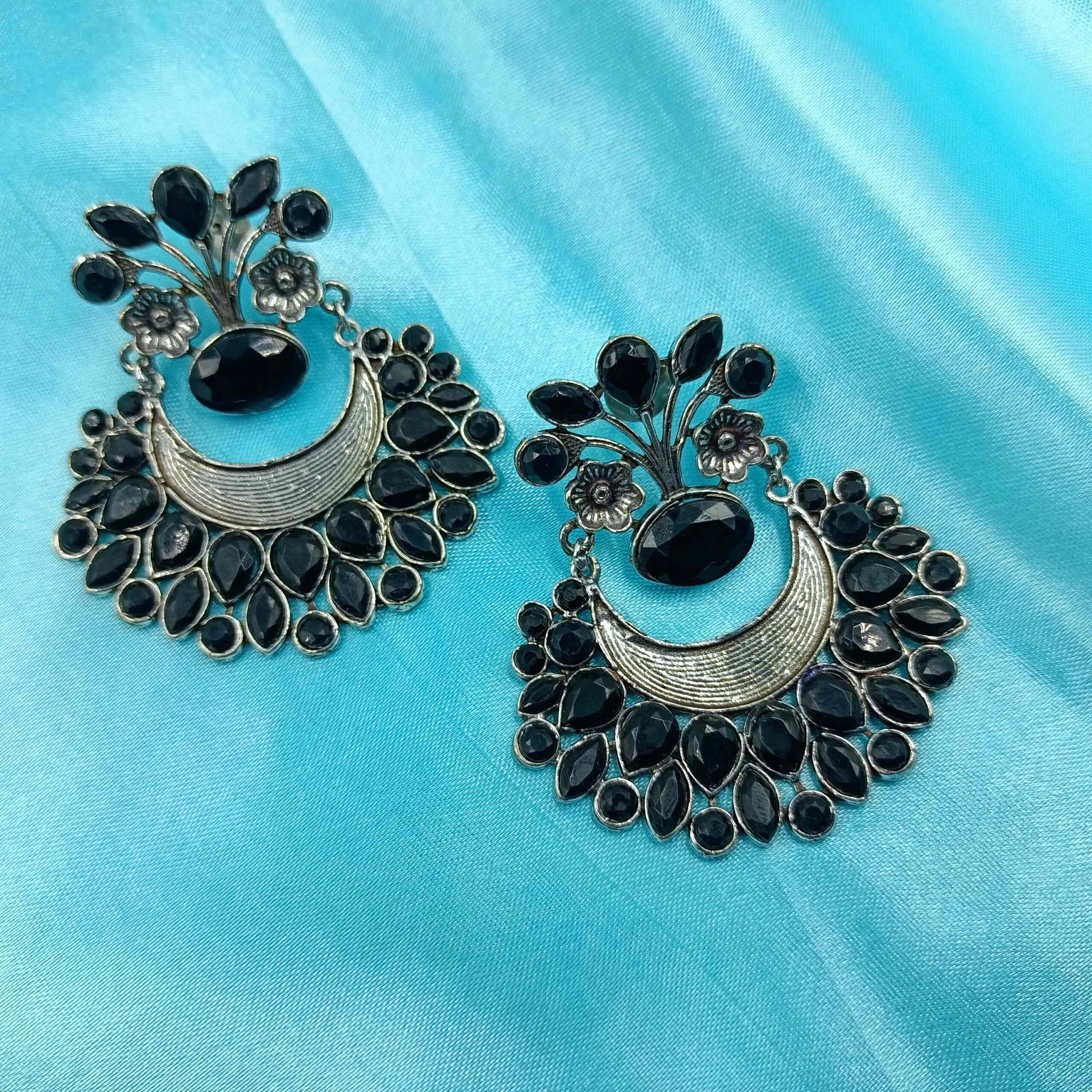 Silver Tone Black Stone Chandlier Stud Earrings