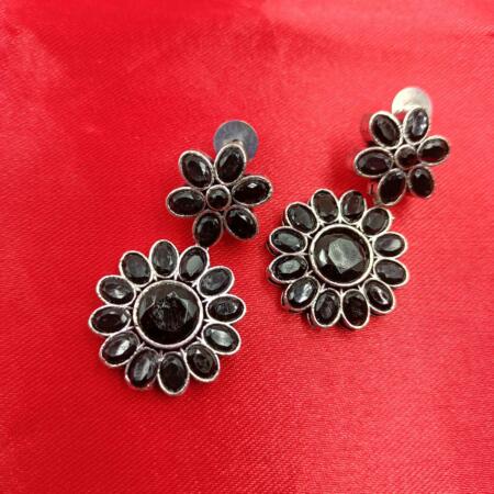 Silver Look Black Stone Dangler Earrings
