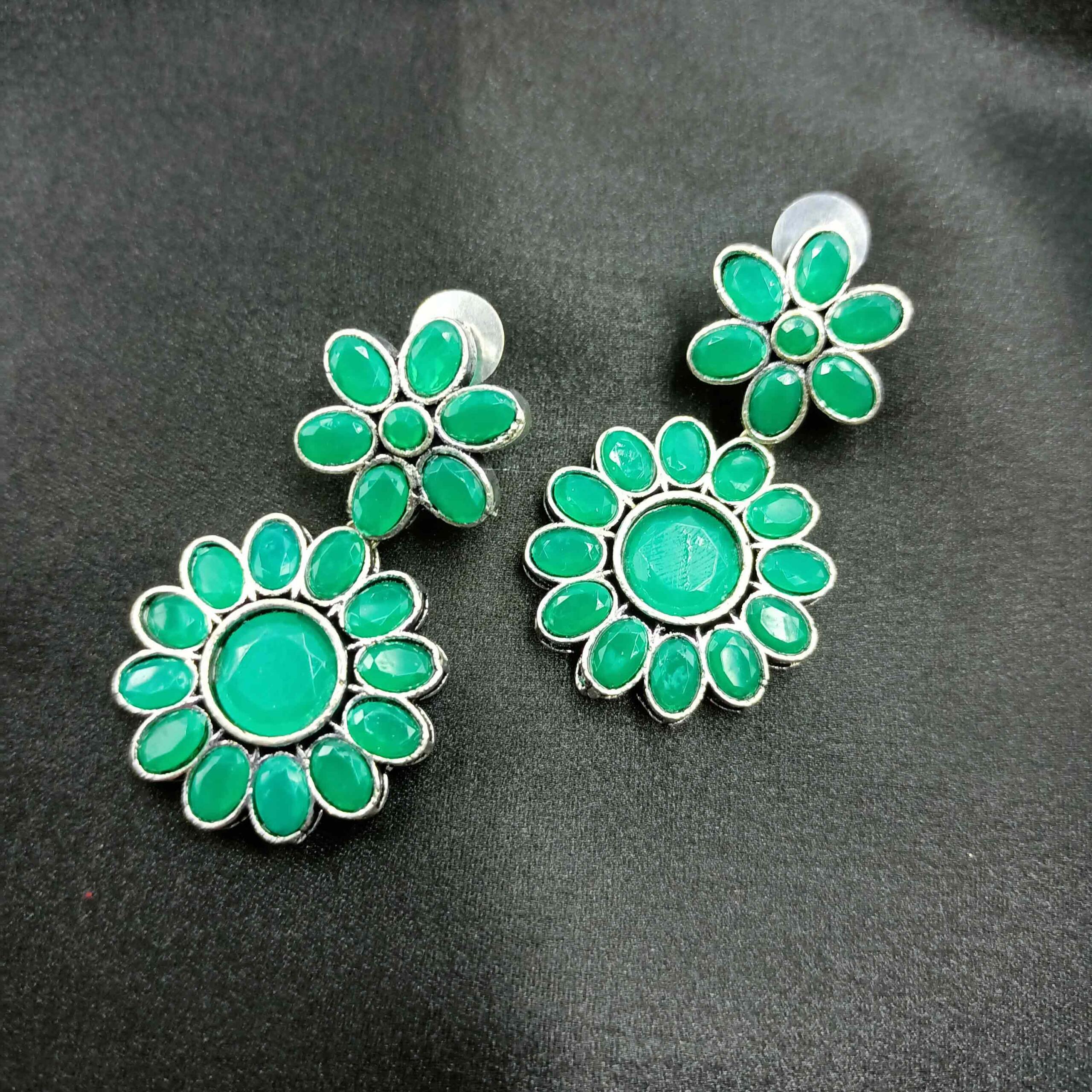 Silver Look Green Stone Dangler Earrings