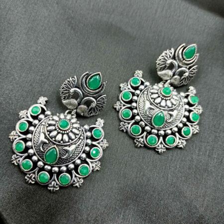 Silver Look Green Stone Dangler Chandbali Earrings