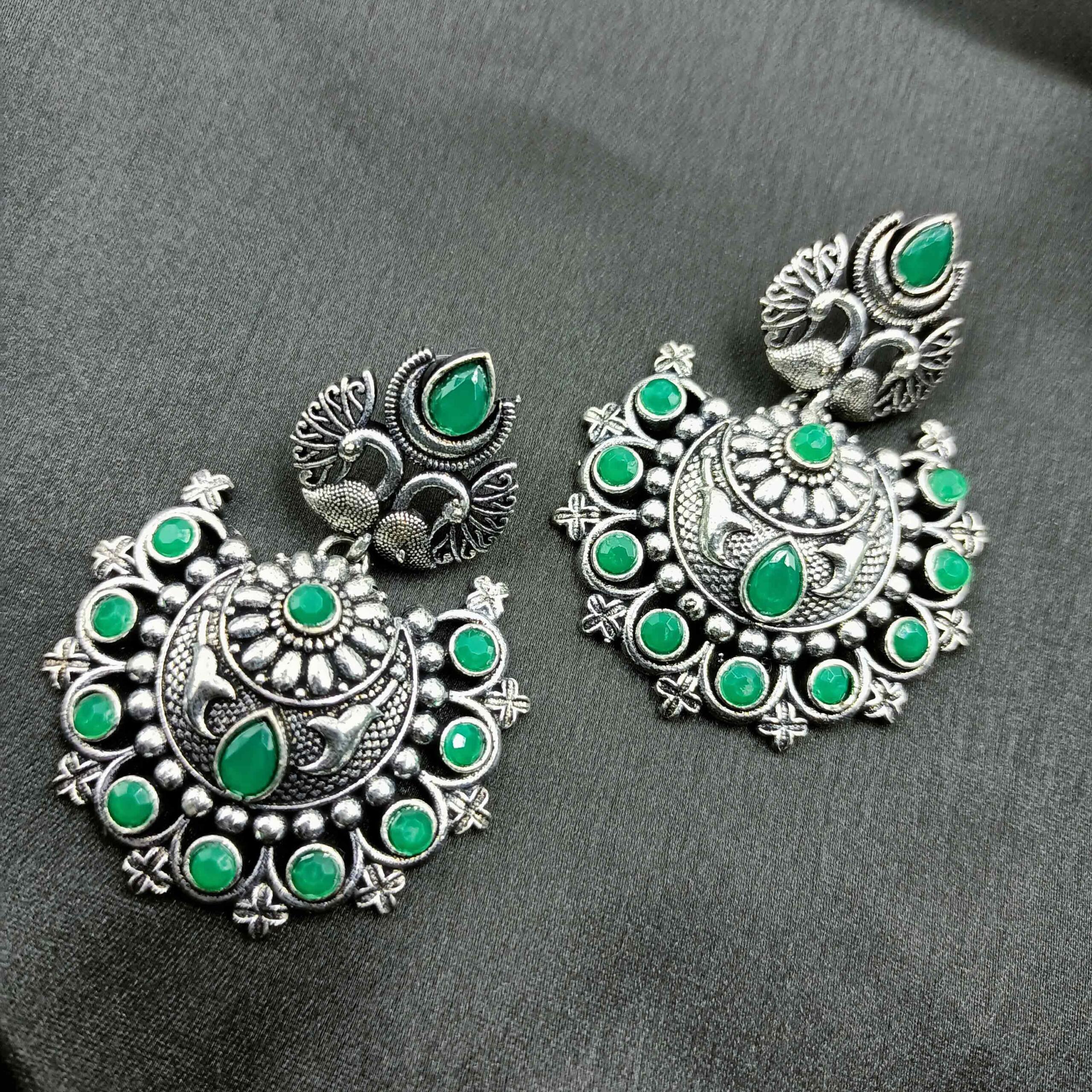 Silver Look Green Stone Dangler Chandbali Earrings