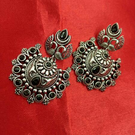 Silver Look Black Stone Dangler Chandbali Earrings