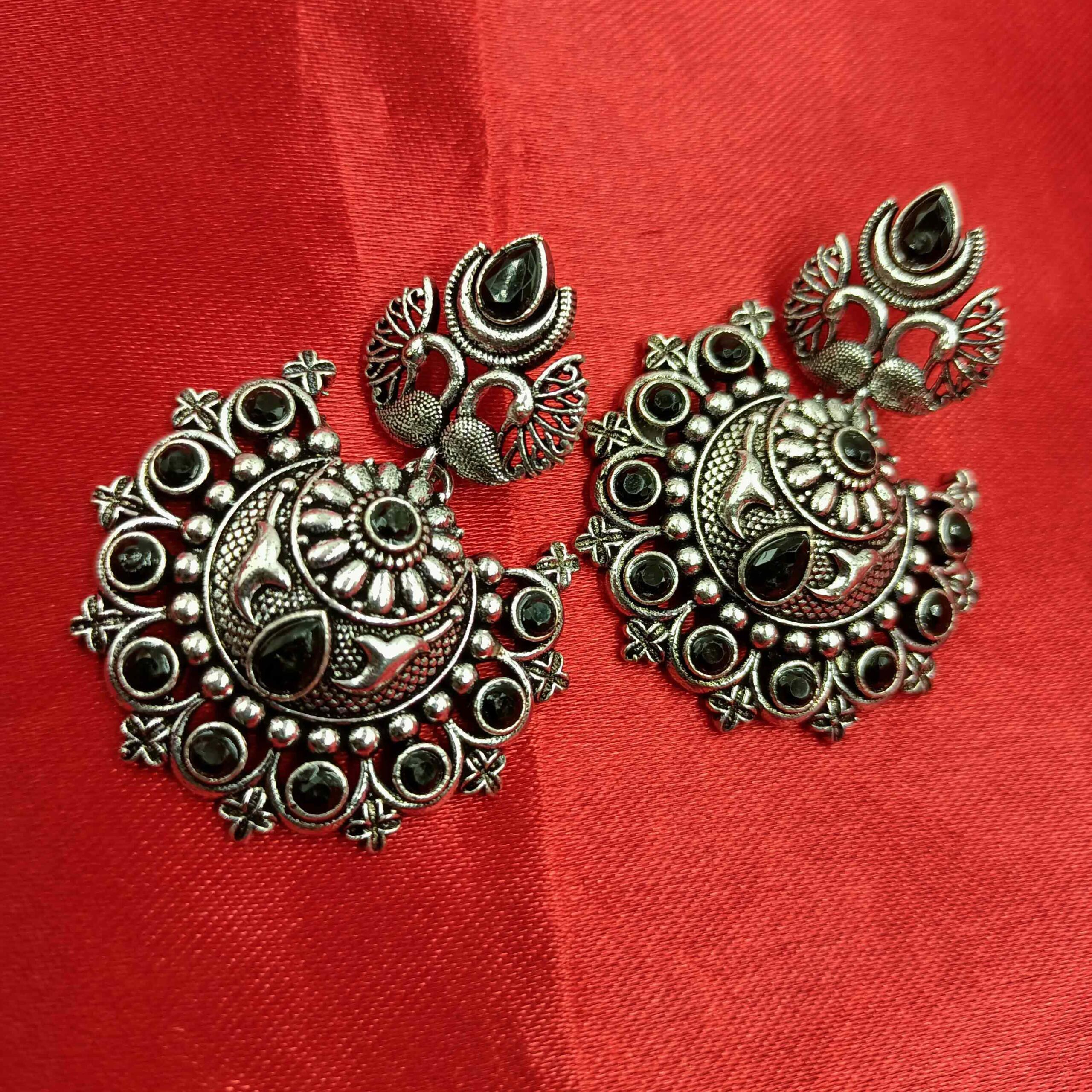 Silver Look Black Stone Dangler Chandbali Earrings