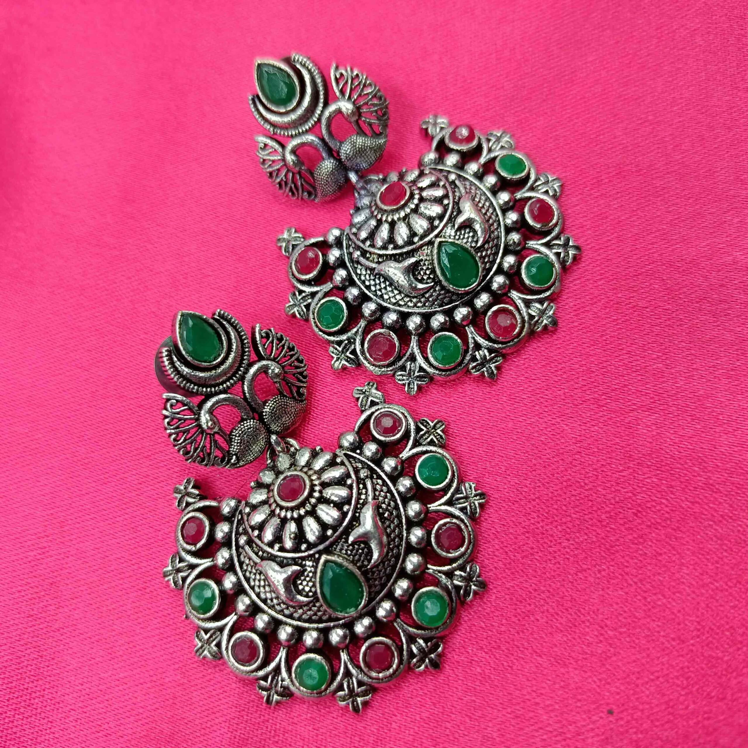 Silver Look Multi color Red & Green Stone Dangler Chandbali Earrings
