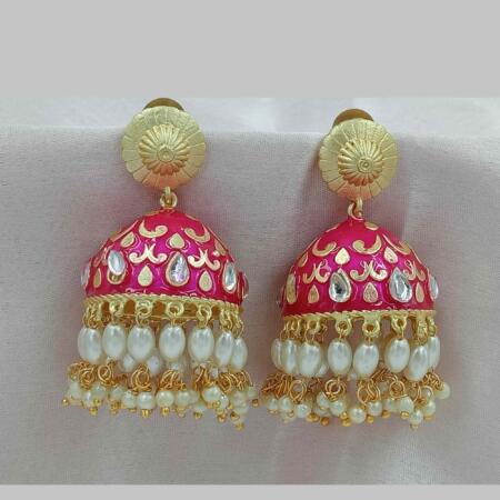 Golden and Red Rani tone Enameled Zumki Earrings with Pearls