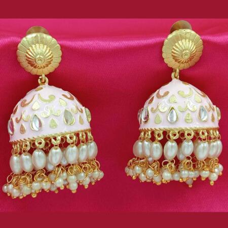 Golden and Pink tone Enameled Zumki Earrings with Pearls