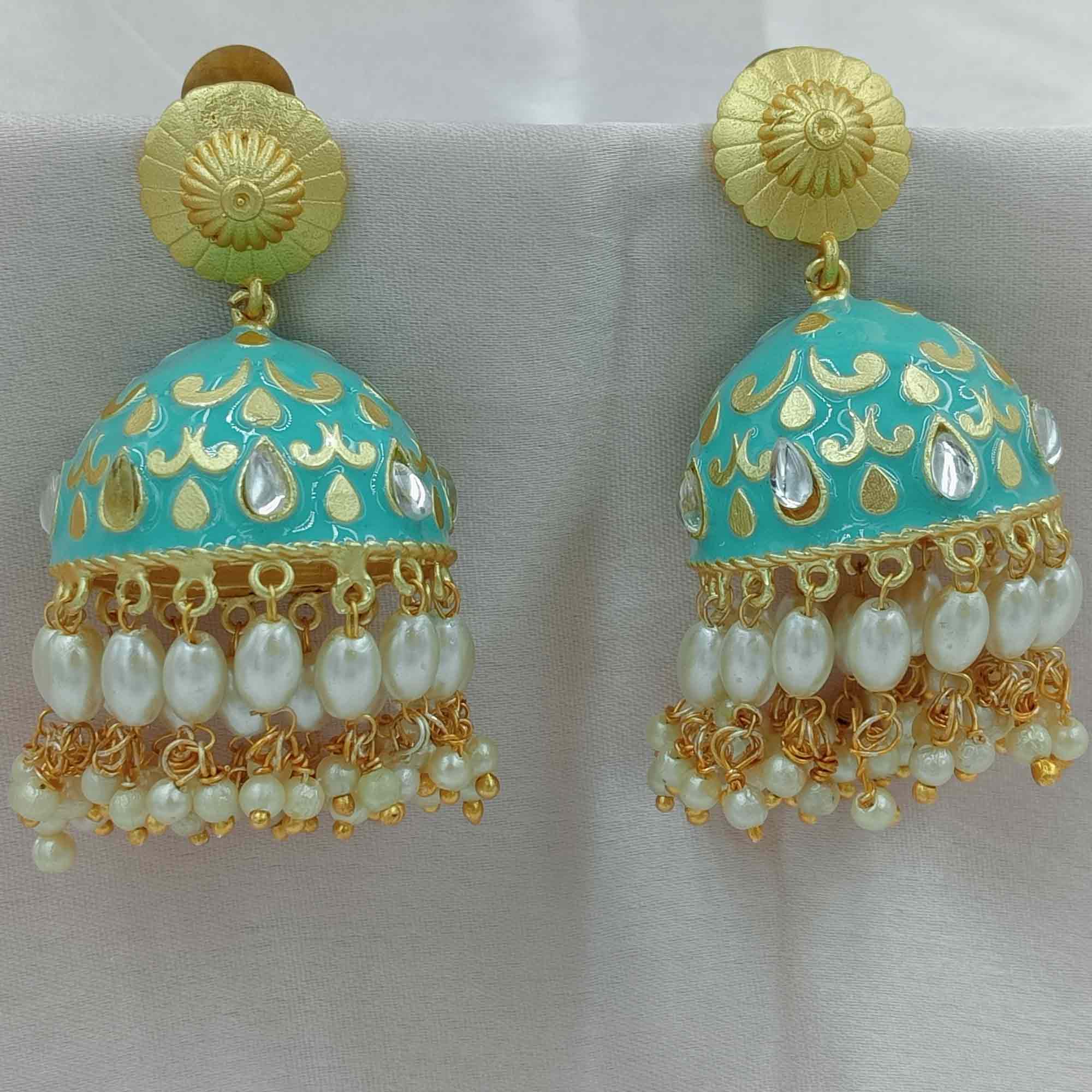 Golden and Tarquoise Green tone Enameled Zumki Earrings with Pearls